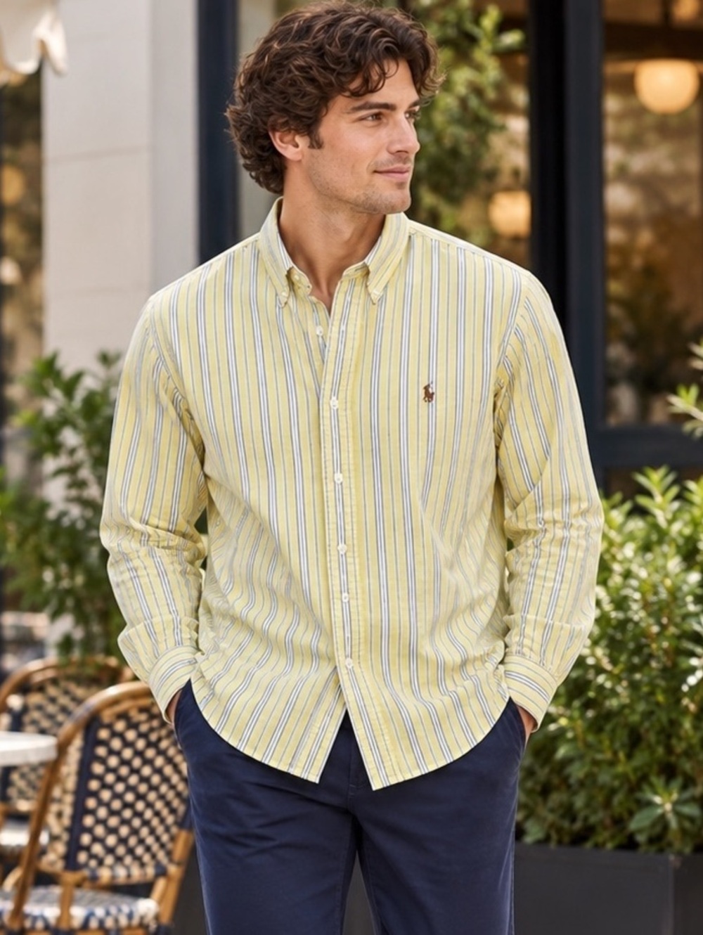 Ralph Lauren Oxford Shirt Medium Yellow Blue Green Stripe Cotton Pony Logo